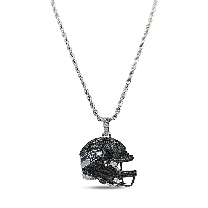 The GLD Shop Seattle Seahawks 14K White Gold Helmet Logo Pendant & 20" Rope Chain