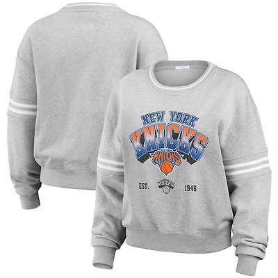 Women's WEAR by Erin Andrews Gray New York Knicks Sleeve Stripe Fleece Crewneck Sweatshirt