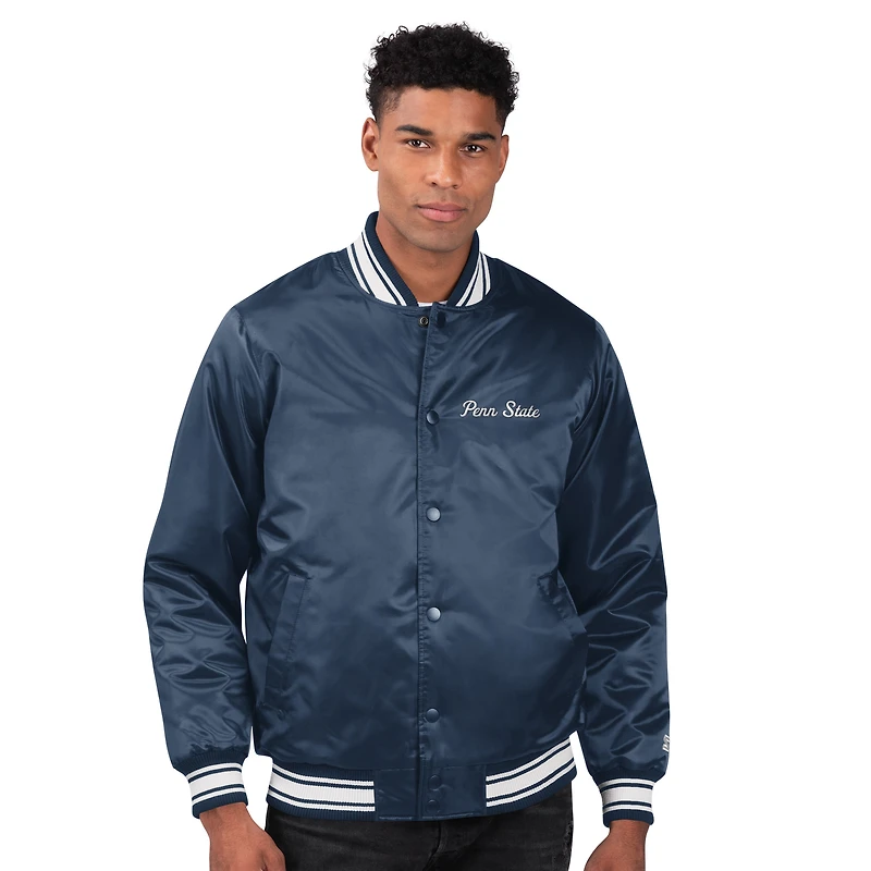 Men's Starter Navy Penn State Nittany Lions Two-Hit Satin Varsity Full-Snap Jacket