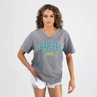Women's Gameday Couture Gray Los Angeles Chargers Relaxed Iconic Edge Rhinestone V-Neck T-Shirt