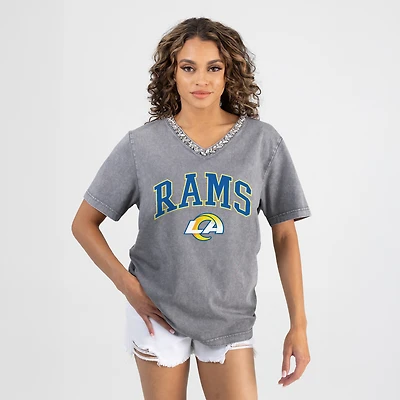 Women's Gameday Couture Gray Los Angeles Rams Relaxed Iconic Edge Rhinestone V-Neck T-Shirt