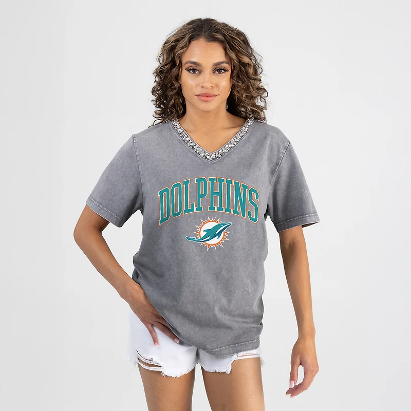 Women's Gameday Couture Gray Miami Dolphins Relaxed Iconic Edge Rhinestone V-Neck T-Shirt