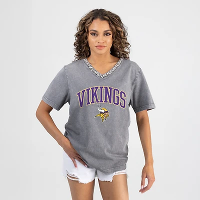 Women's Gameday Couture Gray Minnesota Vikings Relaxed Iconic Edge Rhinestone V-Neck T-Shirt