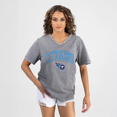 Women's Gameday Couture Gray Tennessee Titans Relaxed Iconic Edge Rhinestone V-Neck T-Shirt