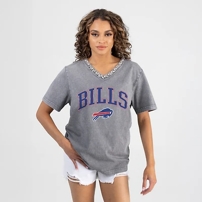 Women's Gameday Couture Gray Buffalo Bills Relaxed Iconic Edge Rhinestone V-Neck T-Shirt