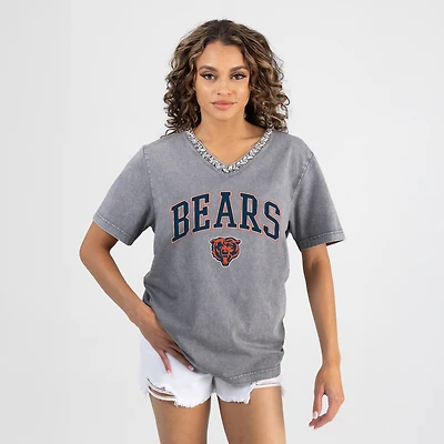Women's Gameday Couture Gray Chicago Bears Relaxed Iconic Edge Rhinestone V-Neck T-Shirt