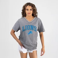 Women's Gameday Couture Gray Detroit Lions Relaxed Iconic Edge Rhinestone V-Neck T-Shirt