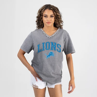 Women's Gameday Couture Gray Detroit Lions Relaxed Iconic Edge Rhinestone V-Neck T-Shirt