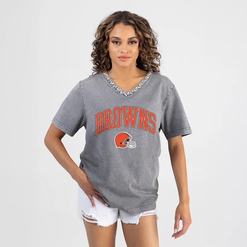 Women's Gameday Couture Gray Cleveland Browns Relaxed Iconic Edge Rhinestone V-Neck T-Shirt