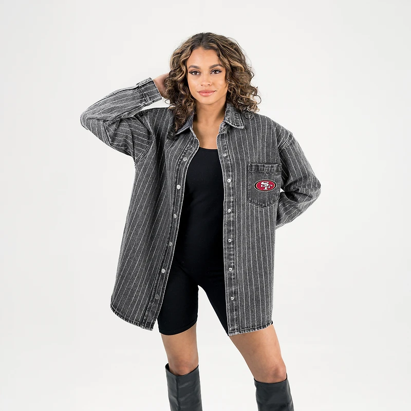 Women's Gameday Couture Black San Francisco 49ers Oversized Style's the Limit Micro-Rhinestone Stripe Washed Denim Button Up Overshirt