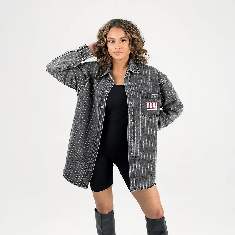 Women's Gameday Couture Black New York Giants Oversized Style's the Limit Micro-Rhinestone Stripe Washed Denim Button Up Overshirt