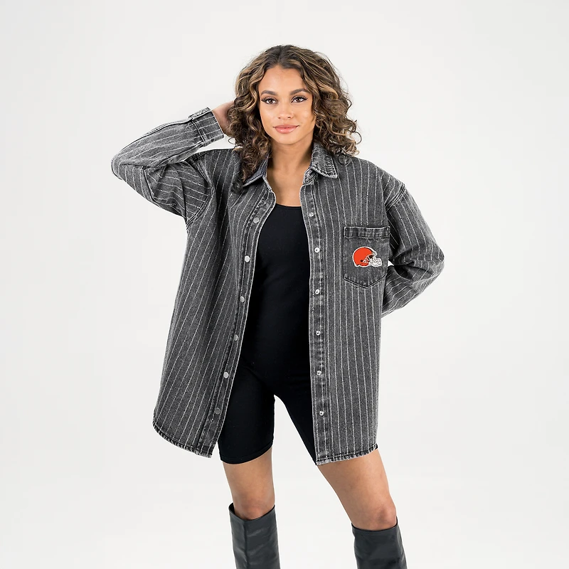 Women's Gameday Couture Black Cleveland Browns Oversized Style's the Limit Micro-Rhinestone Stripe Washed Denim Button Up Overshirt