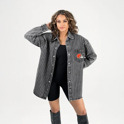 Women's Gameday Couture Black Cleveland Browns Oversized Style's the Limit Micro-Rhinestone Stripe Washed Denim Button Up Overshirt
