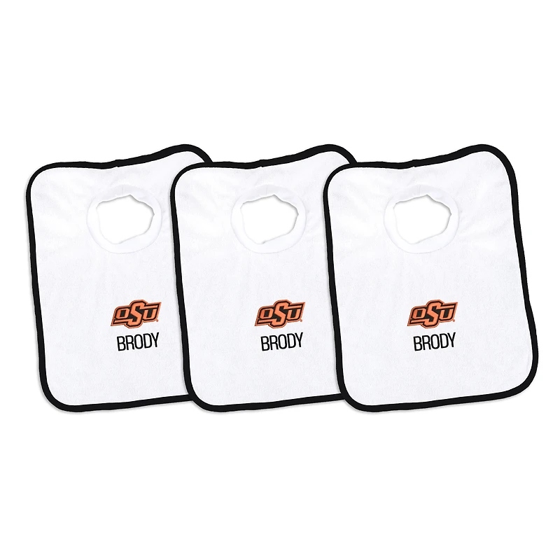 Infant Chad & Jake White Oklahoma State Cowboys Primary Personalized 3-Pack Pullover Bib Set
