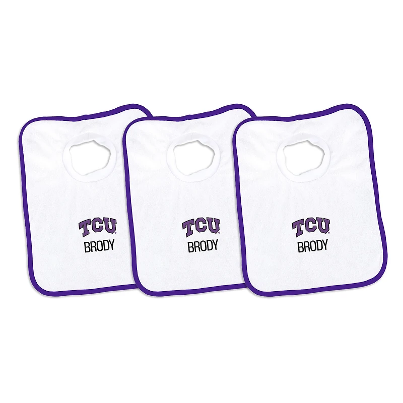 Infant Chad & Jake White TCU Horned Frogs Primary Personalized 3-Pack Pullover Bib Set