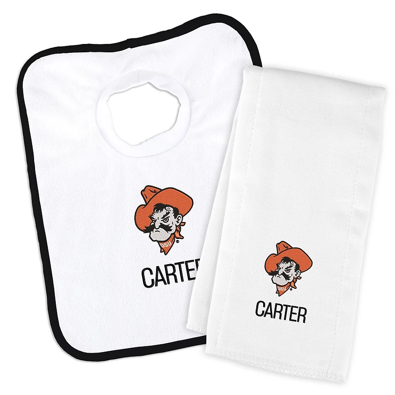 Infant Chad & Jake White Oklahoma State Cowboys Mascot Personalized Pullover Bib & Burp Cloth Set