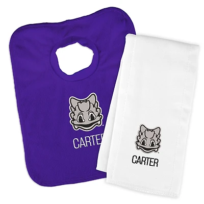 Infant Chad & Jake Purple TCU Horned Frogs Mascot Personalized Pullover Bib & Burp Cloth Set