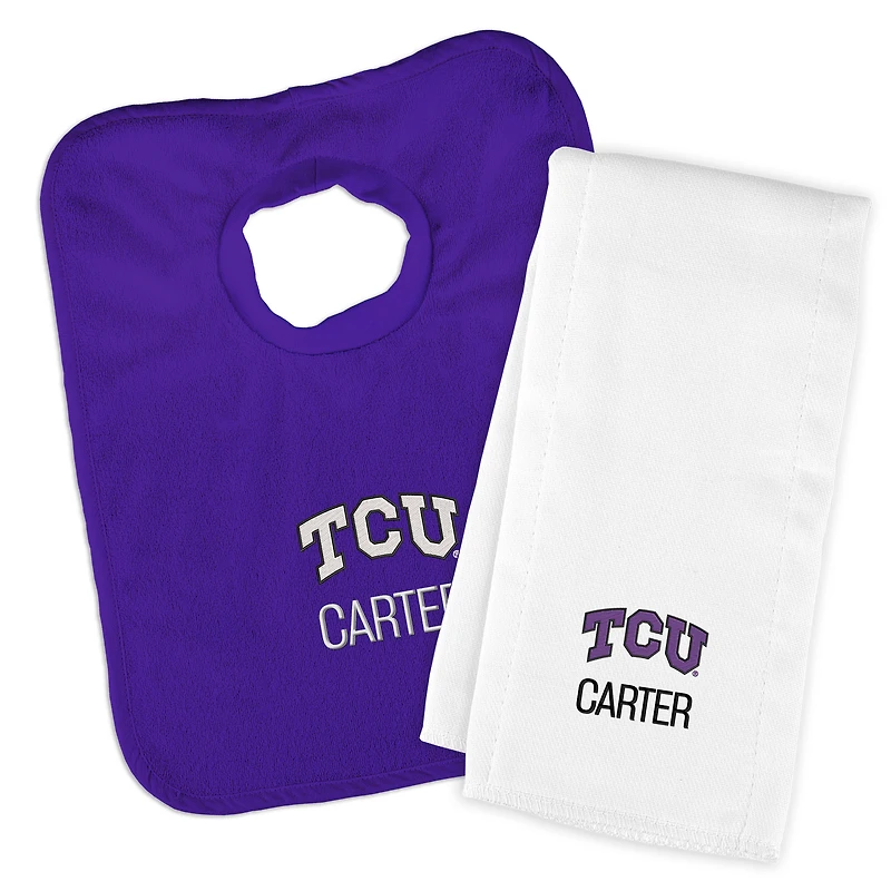 Infant Chad & Jake Purple TCU Horned Frogs Primary Personalized Pullover Bib & Burp Cloth Set