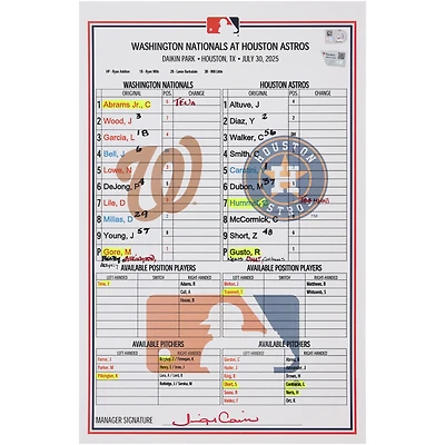 Washington Nationals Game-Used Lineup Card vs. Houston Astros on July 30, 2025