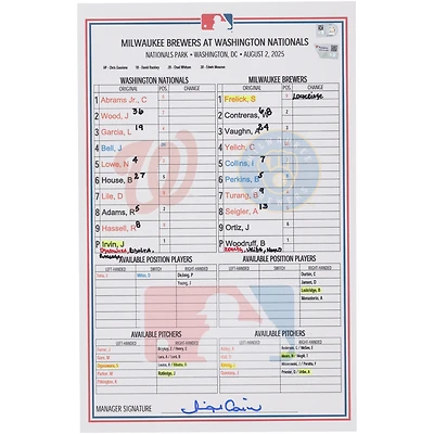 Washington Nationals Game-Used Lineup Card vs. Milwaukee Brewers on August 2, 2025