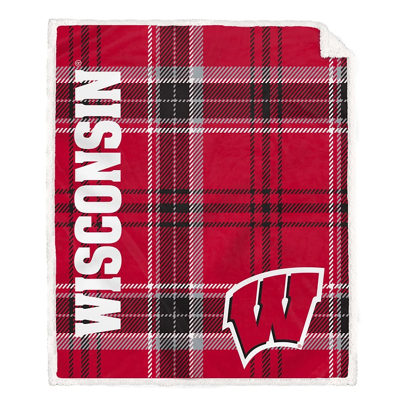 Pegasus Wisconsin Badgers 50" x 60" Playmaker Plaid Ultra Cozy Sherpa Throw