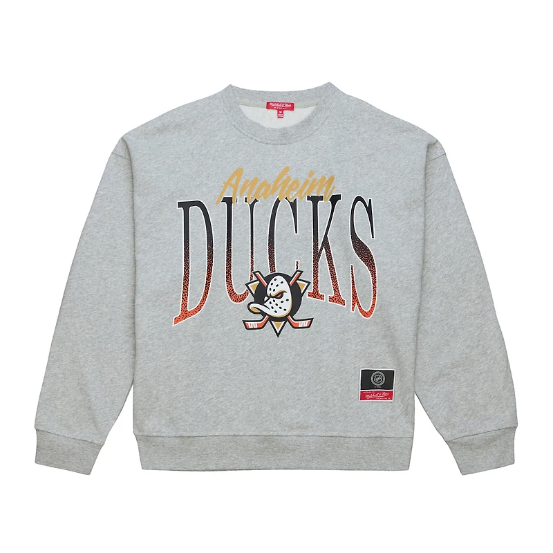 Women's Mitchell & Ness Heather Gray Anaheim Ducks Hockey Night Sweatshirt
