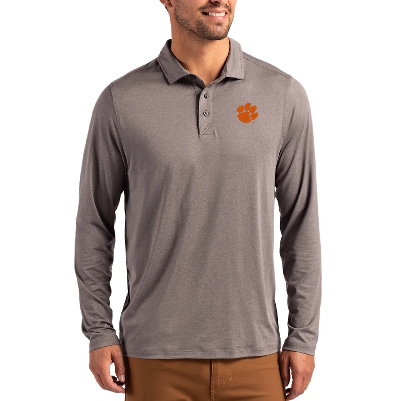 Men's Cutter & Buck  Gray Clemson Tigers Primary Coastline Epic Comfort Long-Sleeve Polo