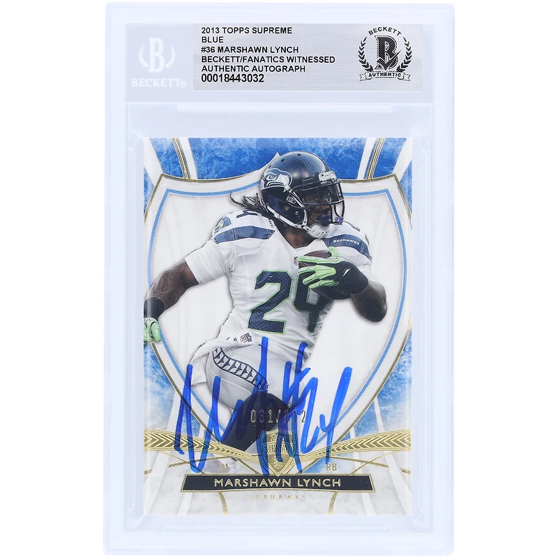 Marshawn Lynch Seattle Seahawks Autographed 2013 Topps Supreme Blue #36 #/112 Beckett Fanatics Witnessed Authenticated Card