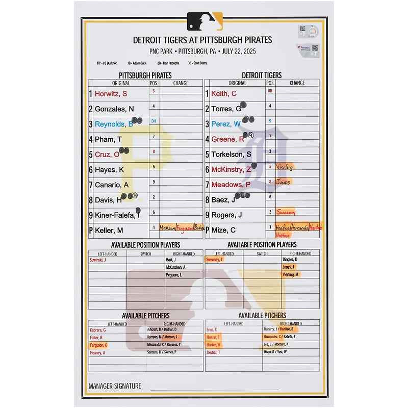 Pittsburgh Pirates Game-Used Lineup Card vs. Detroit Tigers on July 22, 2025