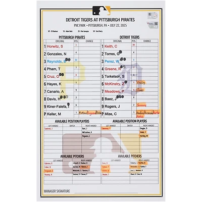 Pittsburgh Pirates Game-Used Lineup Card vs. Detroit Tigers on July 22, 2025