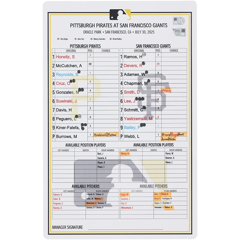 Pittsburgh Pirates Game-Used Lineup Card vs. San Francisco Giants on July 30, 2025