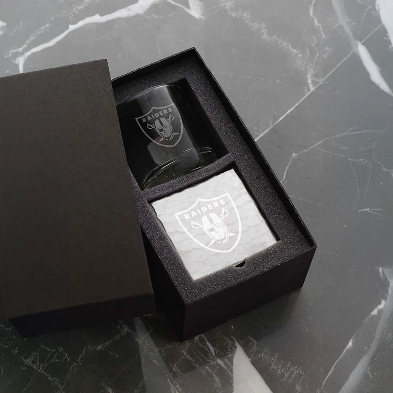 Wendell August Forge Las Vegas Raiders Etched Rocks Glass & Square Coaster Set