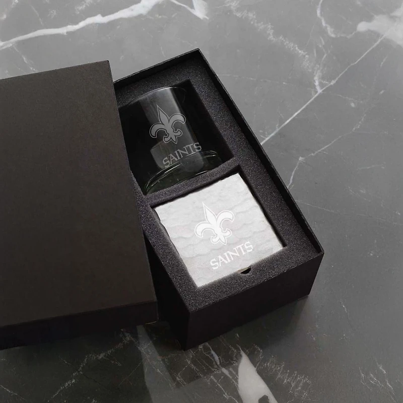 Wendell August Forge New Orleans Saints Etched Rocks Glass & Square Coaster Set