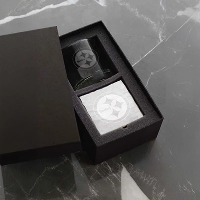 Wendell August Forge Pittsburgh Steelers Etched Rocks Glass & Square Coaster Set