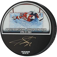 Sergei Bobrovsky Florida Panthers Autographed 2024 Stanley Cup Playoff Diving Save Hockey Puck - Limited Edition of 172 - Signed in Gold