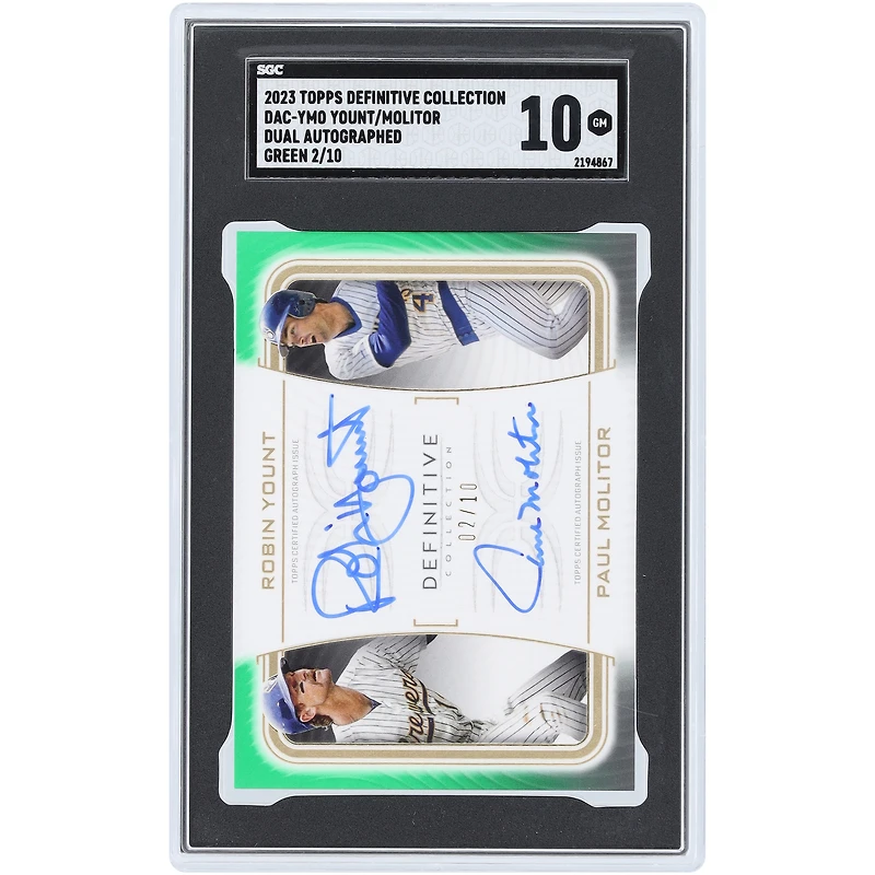 Robin Yount and Paul Molitor Milwaukee Brewers Autographed 2023 Topps Definitive Collection Green Dual Autograph #DAC-YMO #2/10 SGC Authenticated 10 Card