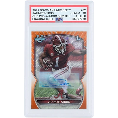 Jahmyr Gibbs Alabama Crimson Tide Autographed 2022 Bowman Chrome U 1st Bowman Orange Shimmer #82 #17/25 PSA Authenticated 10/8 Card