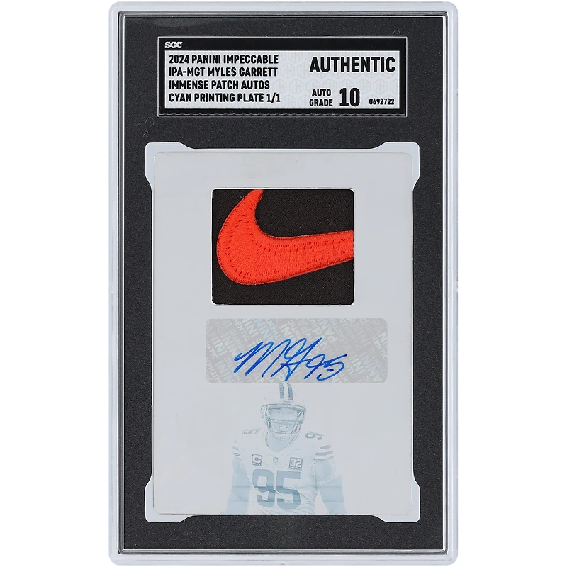 Myles Garrett Cleveland Browns Autographed 2024 Panini Impeccable Cyan Printing Plate Immense Patch Dual-Color Nike Logo Relic #IPA-MGT #1/1 SGC Authenticated Auth/Auto10 Card