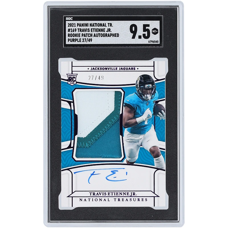 Travis Etienne Jr Jacksonville Jaguars Autographed 2021 Panini National Treasures Purple Rookie Patch Tri-Color Relic #169 #27/49 SGC Authenticated 9.5 Rookie Card