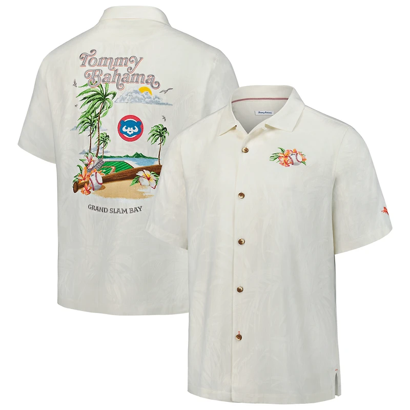 Men's Tommy Bahama Cream Chicago Cubs Cooperstown Collection Grand Slam Bay Camp Button-Up Silk Shirt