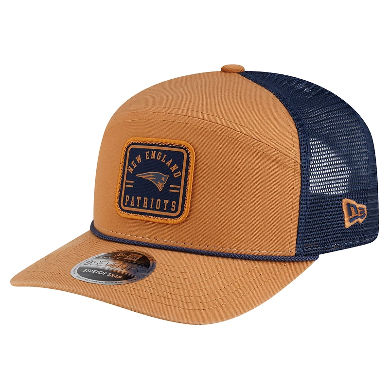 Men's New Era Brown/Navy New England Patriots Team Patch Split Panel 9SEVENTY Adjustable Trucker Hat