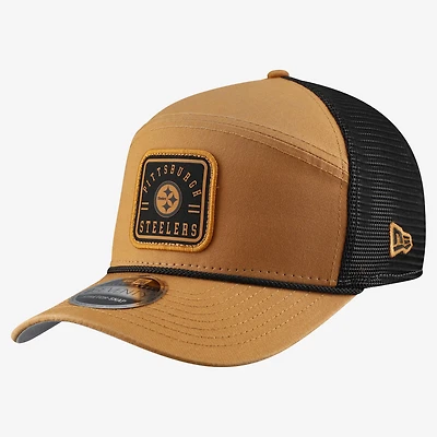 Men's New Era Brown/Black Pittsburgh Steelers Team Patch Split Panel 9SEVENTY Adjustable Trucker Hat
