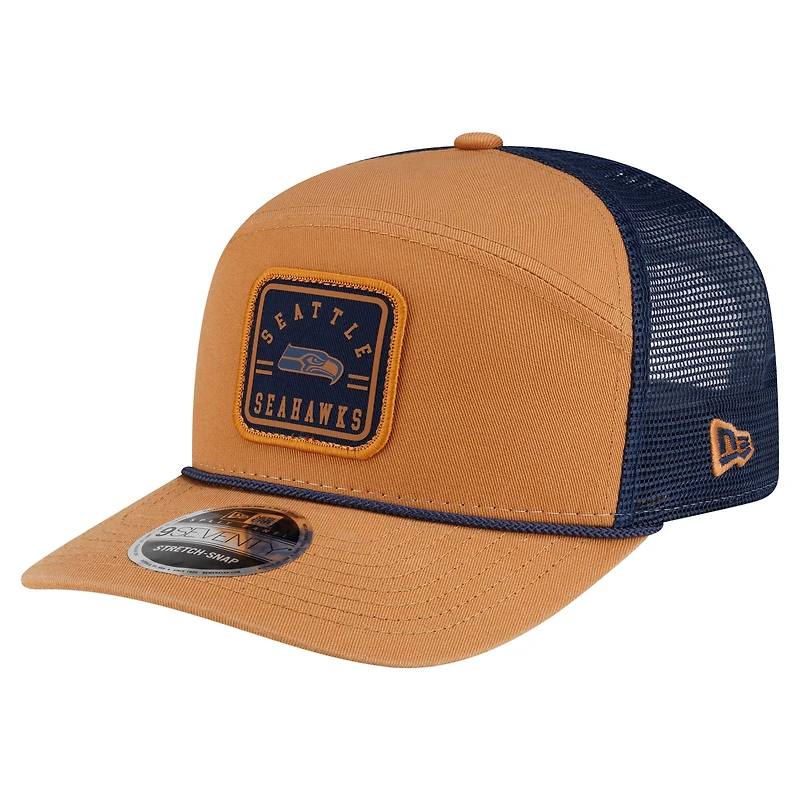 Men's New Era Brown/College Navy Seattle Seahawks Team Patch Split Panel 9SEVENTY Adjustable Trucker Hat