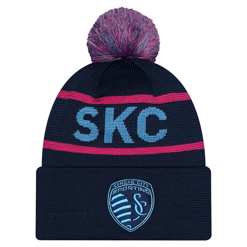 Men's New Era Navy Sporting Kansas City 2026 Jersey Hook Cuffed Pom Knit Hat