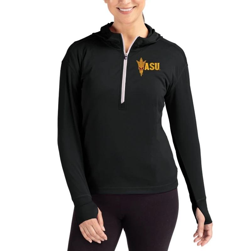 Women's Cutter & Buck Black Arizona State Sun Devils Daybreak Eco Recycled Half-Zip Hoodie