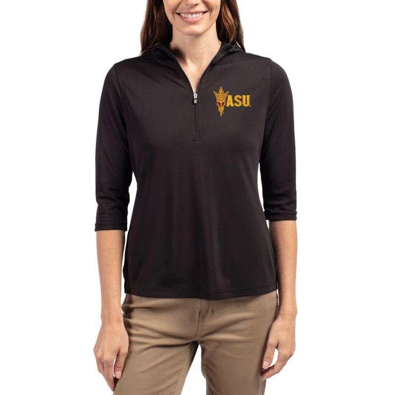 Women's Cutter & Buck Black Arizona State Sun Devils Virtue Eco Pique Recycled Half-Zip Hoodie