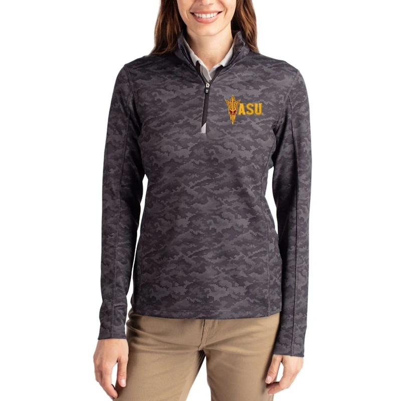 Women's Cutter & Buck Black Arizona State Sun Devils Traverse Stretch Eco Camo Print Quarter-Zip Top