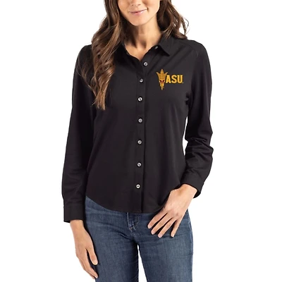 Women's Cutter & Buck Black Arizona State Sun Devils Advantage Tri-Blend Eco Soft Pique Long-Sleeve Knitted Button-Up Top