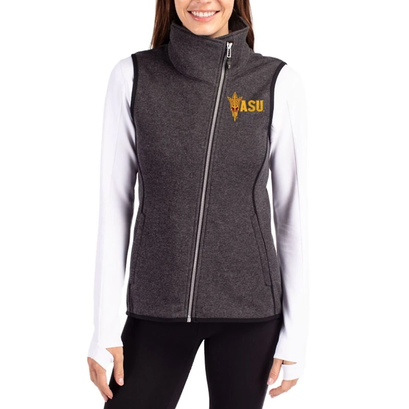 Women's Cutter & Buck Charcoal Arizona State Sun Devils Mainsail Sweater-Knit Full-Zip Asymmetrical Vest
