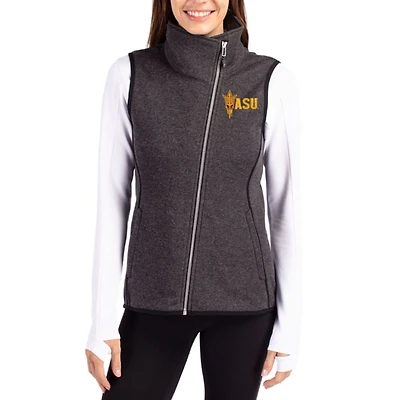 Women's Cutter & Buck Charcoal Arizona State Sun Devils Mainsail Sweater-Knit Full-Zip Asymmetrical Vest